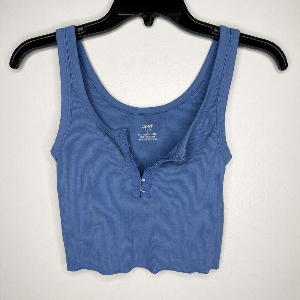 Aerie Blue Ribbed Hook Front Cropped Tank Top | Size Small | Soft Stretch